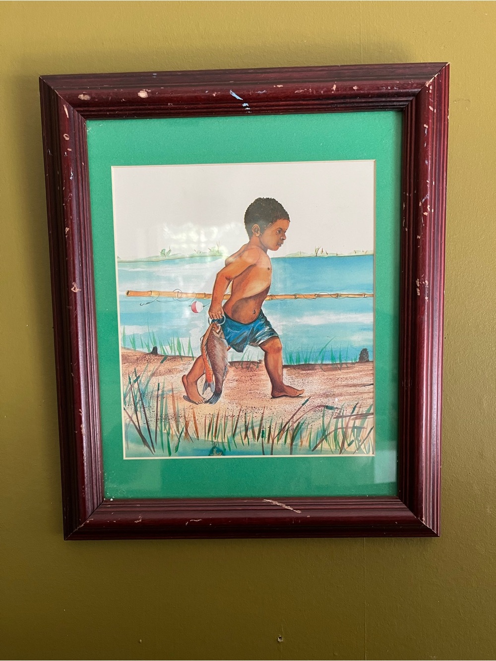 Black American Vintage Watercolor Painting Haitian Boy Catching Fish Artwork